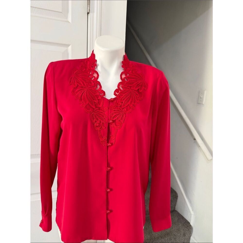 Liz Baker Red Vintage Long-Sleeve Blouse with Lace Trim Size 8P